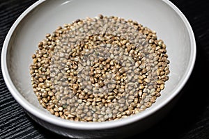 Hemp seeds in the bowl. Slovakia