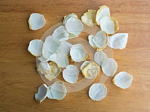 Dry Lisianthus or Eustoma flower on wood background, white flower