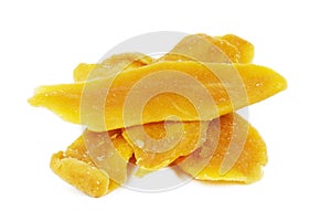 Dry mango slices on white background, dehydrated snack