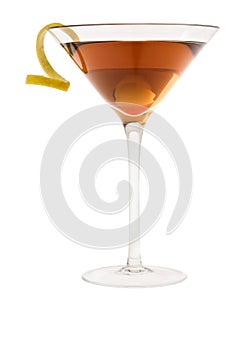 Dry manhattan cocktail or Rob Roy on a white backg
