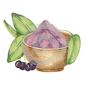 Dry maqui berry powder in wooden bowl with berries and leaves