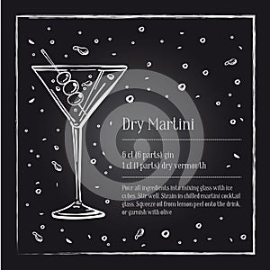 Dry Martini cocktail recipe description with ingredients. Vector sketch outline hand drawn illustration