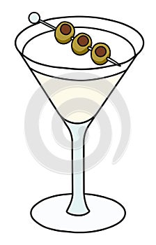 Dry Martini variation cocktail in specific glass. Gin based transparent drink garnished with olives. Stylish doodle