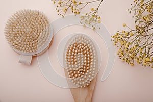 Dry massage brush with natural bristle. Scin care concept