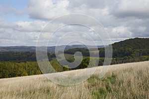 dry meadow with countryside hills in the background