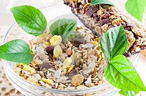 Dry mix of muesli and cereal in a bowl of glass