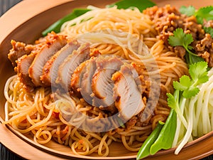 dry noodle with pork on table