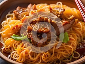 dry noodle with pork on table