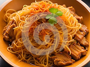 dry noodle with pork on table