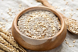 Dry oat flakes, oats, rolled oats in bowl photo