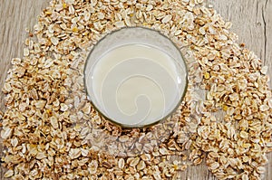 Dry oatmeal and a glass of milk, close-up, top view.