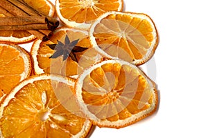 Dry orange oranges. Dried citrus fruits. Tropical fruit. Cinnamon sticks.