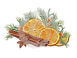 Dry orange slice, sea buckthorn berry, cinnamons sticks, star anise and spruce branch. Citrus, evergreen, spice, badian