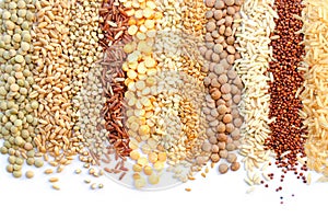 Dry organic cereal and grain seed stripe background consisted of lentils, wheat, buckwheat, rice, soybean, flax seed, and quinoa