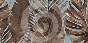 Dry palm leaves banner background. Watercolour leaves on blue. Dried Leaves.