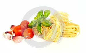 Dry pasta with tomatoes, basil and garlic.