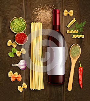 Dry Pasta Wine Realistic Composition Poster