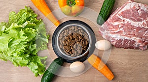 Dry pet dog food with natural ingredients. Raw meat, vegetables, eggs and salad near bowl with dry pet feed on wooden background.