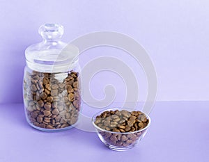 Dry pet food in a glass jar and bowl close-up on a lilac background