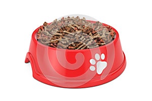 Dry Pet Food in Red Plastic Bowl for Dog, Cat or other Pets. 3d