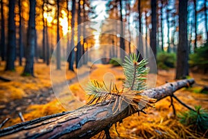 Dry Pine Branch Autumn Blur Effect in the Forest photo
