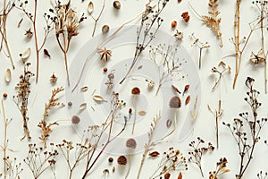 Dry Plants Seamless Pattern, Decorative Twigs, Seeds and Flowers Top View, Dried Flowers Endless Tile