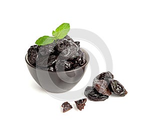 Dry Plums Isolated, Dried Black Fruits, Prune Group, Dry Plum Fruit on White Background