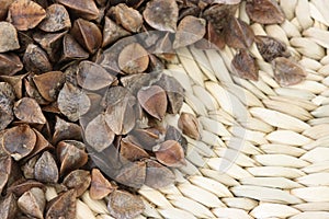 Dry raw buckwheat on white background