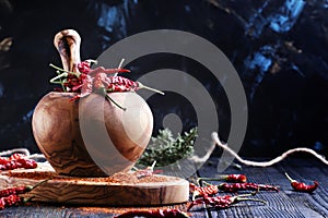 Dry red chili pepper in a mortar and pestle, dark background, se