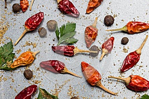 Dry red pepper pods and ground coriander