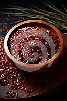 Dry red rice or basmati rice, in the style of berrypunk, wood, luminous quality photo