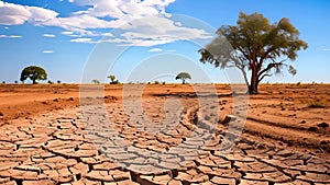 Dry river bed among parched terrain. Effects of climate change, desertification and droughts