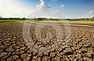 Dry river on drought parched ground and crack ground