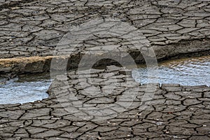 Dry riverbed with cracked mud in hot summer