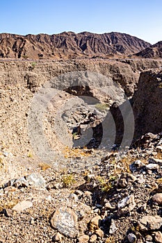 Dry riverbed (wadi) with vertical cliffs in Hajar Mountains in United Arab Emirates, barren desert landscape, no water