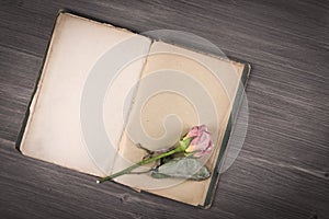 Dry rose and old book on wooden background