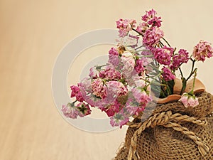 Dry roses, dried roses, blurred dry pink roses in brown sack on wood floor, vintage roses, concept of love