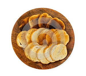 Dry Round Crackers Isolated, Sliced French Baguette Bread, Crunchy Croutons, Bruschetta Crackers, Round Rusks