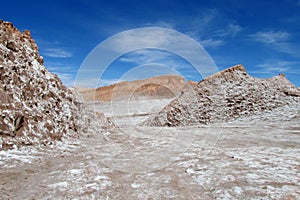 Dry salt hills in Valle de la Luna, Moon valley in San Pedro de Atacama desert