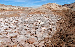 Dry salt soil in Valle de la Luna, Moon valley in San Pedro de Atacama desert