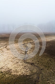 Dry sand texture on released pond ground with small stream in misty fog. Czech landscape