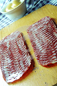 Dry sausage cut in slices