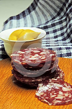 Dry sausage cut in slices