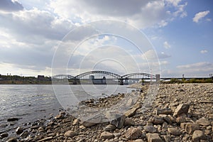 dry shore of rhine river in Cologne at extremly low tide, caused by rainless summer