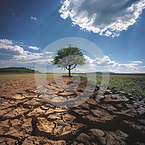 Dry soil and lonely tree. Climate change and global warming concept