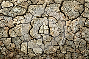 Dry soil surface with deep cracks textured background. Dried and cracked soil. Climate change. Desertification. Cracked earth,