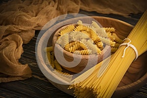 Dry spaghetti cuisine  various wooden  cooking delicious  background ingredient, uncooked