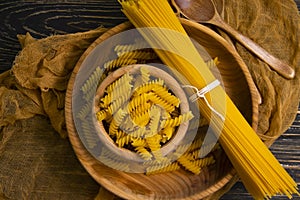 Dry spaghetti cuisine  various wooden delicious  background ingredient, uncooked