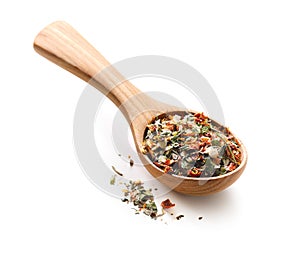 Dry spice mix in a wooden spoon