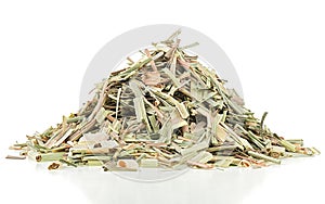 Dry sprigs of natural lemongrass isolated on white background. Cymbopogon citratus